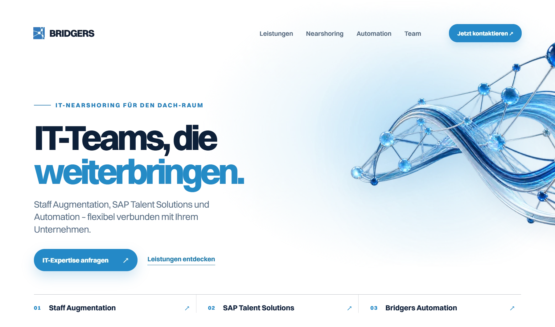 BRIDGERS-Hero mit IT-Teams-Botschaft, Netzwerkvisualisierung und den drei Leistungsbereichen