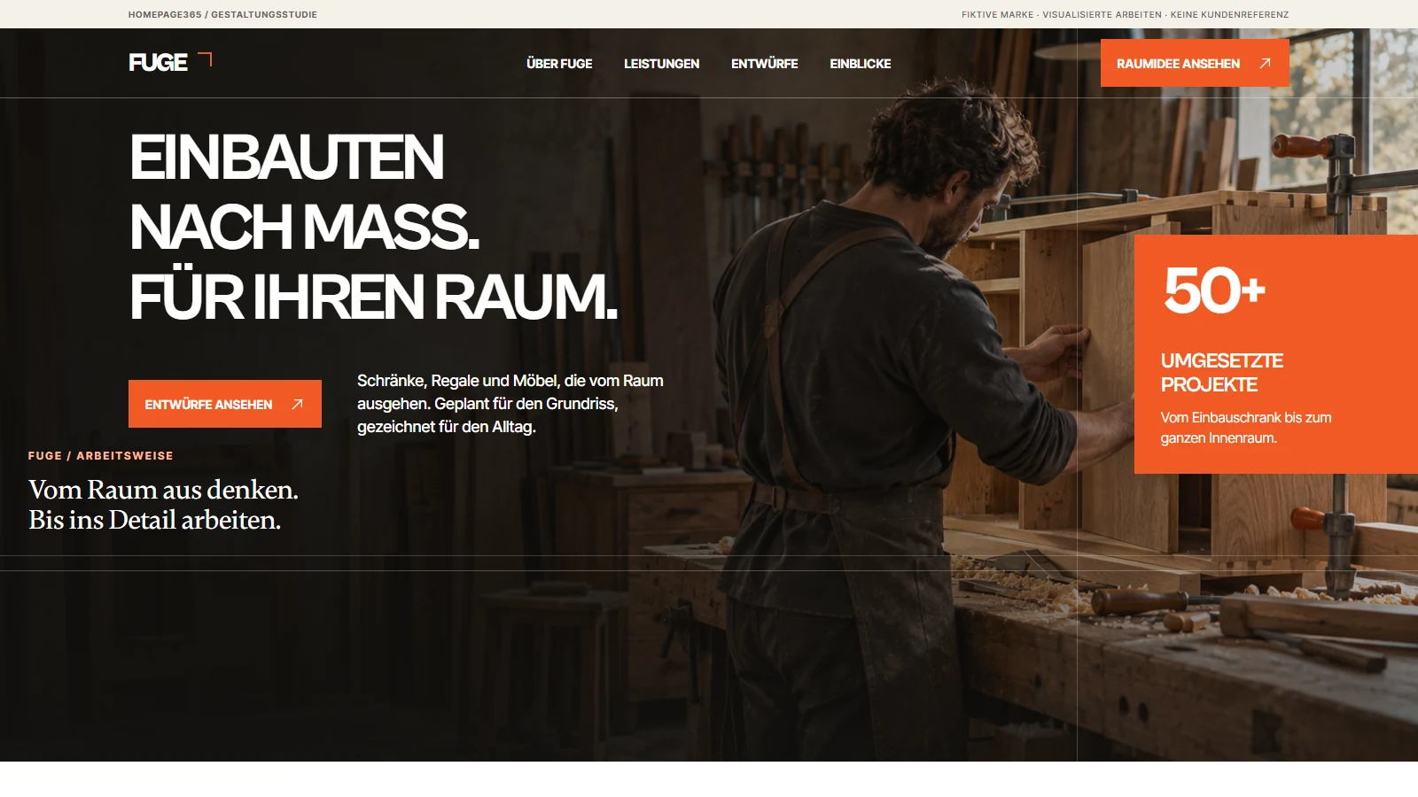 Vorschau der FUGE-Gestaltungsstudie mit dunklem Werkstatt-Hero, Einbauten-nach-Maß-Headline und orangefarbener Projektkachel
