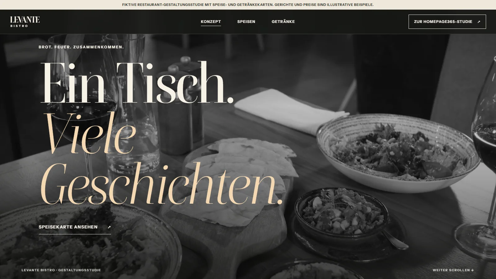 Vorschau der fiktiven Levante-Bistro-Website mit filmischem Tischmotiv, markanter Typografie und Einstieg zur Speisenkarte