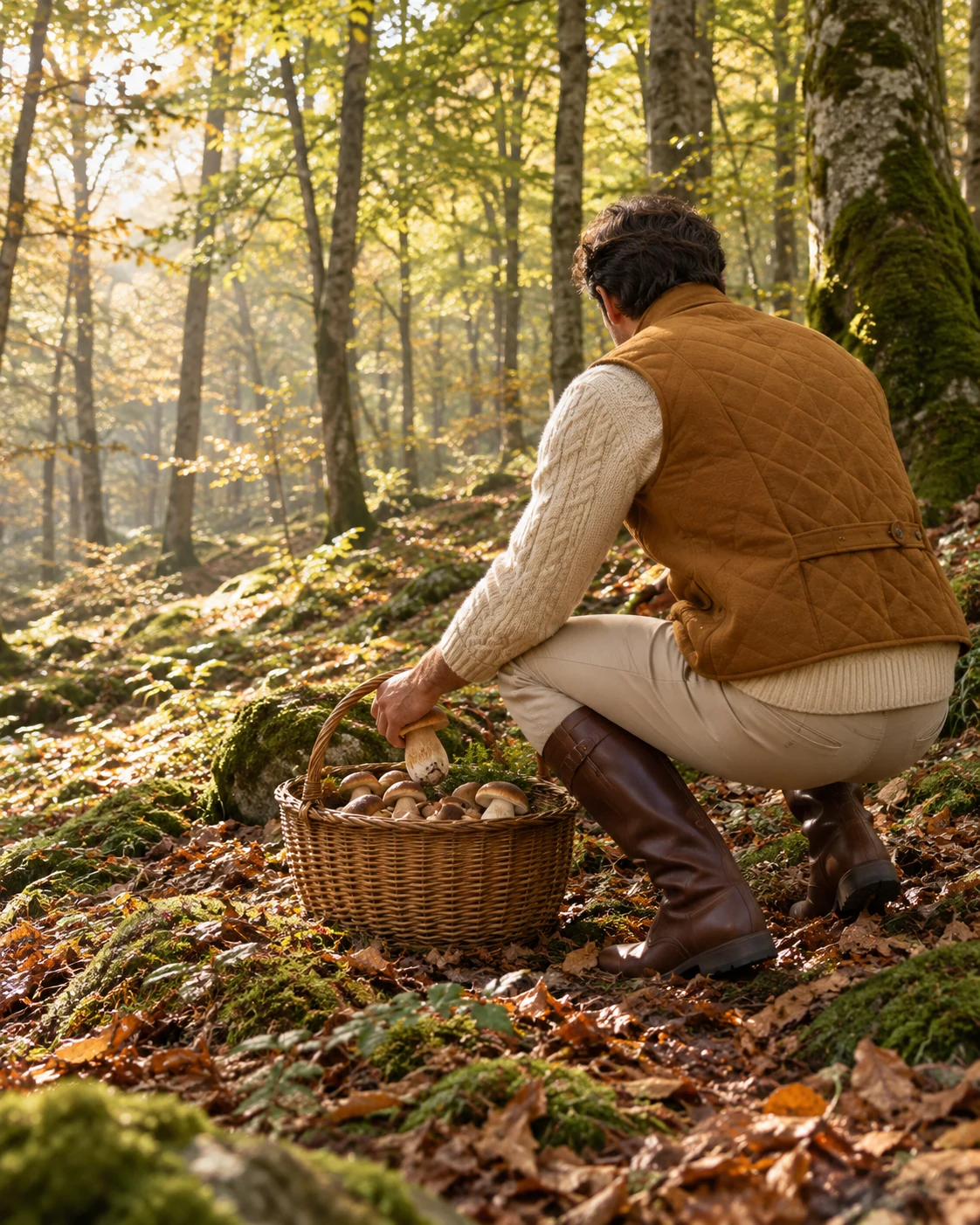 Ein Mann legt im herbstlichen Wald einen Pilz in einen Korb