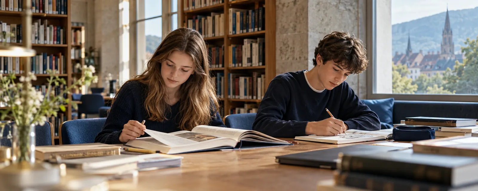 Visualisierung: Jugendliche lernen und besprechen ihre Arbeit in einer Bibliothek