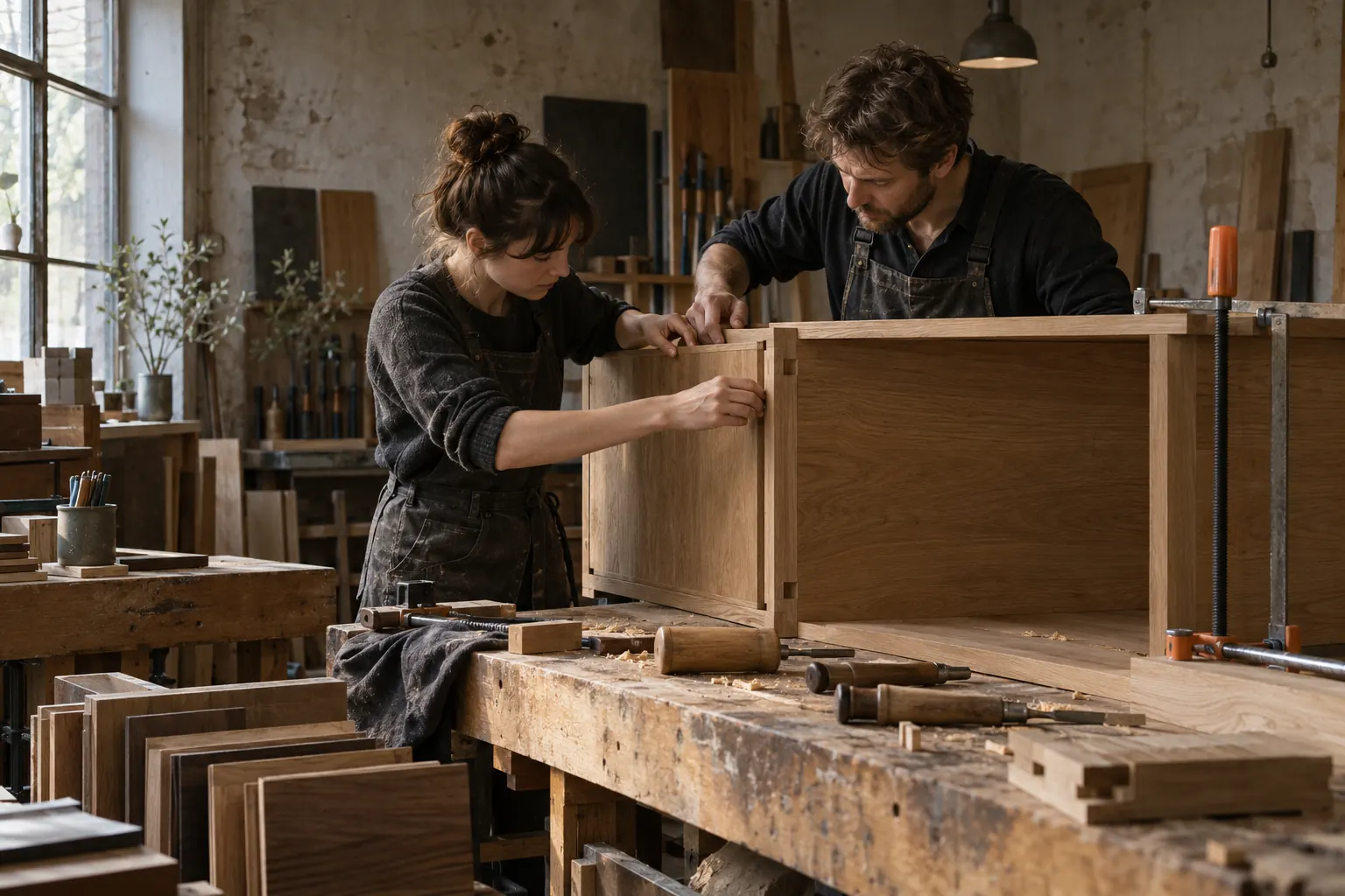 Visualisierte Tischlerwerkstatt mit Holz und Arbeitsplätzen