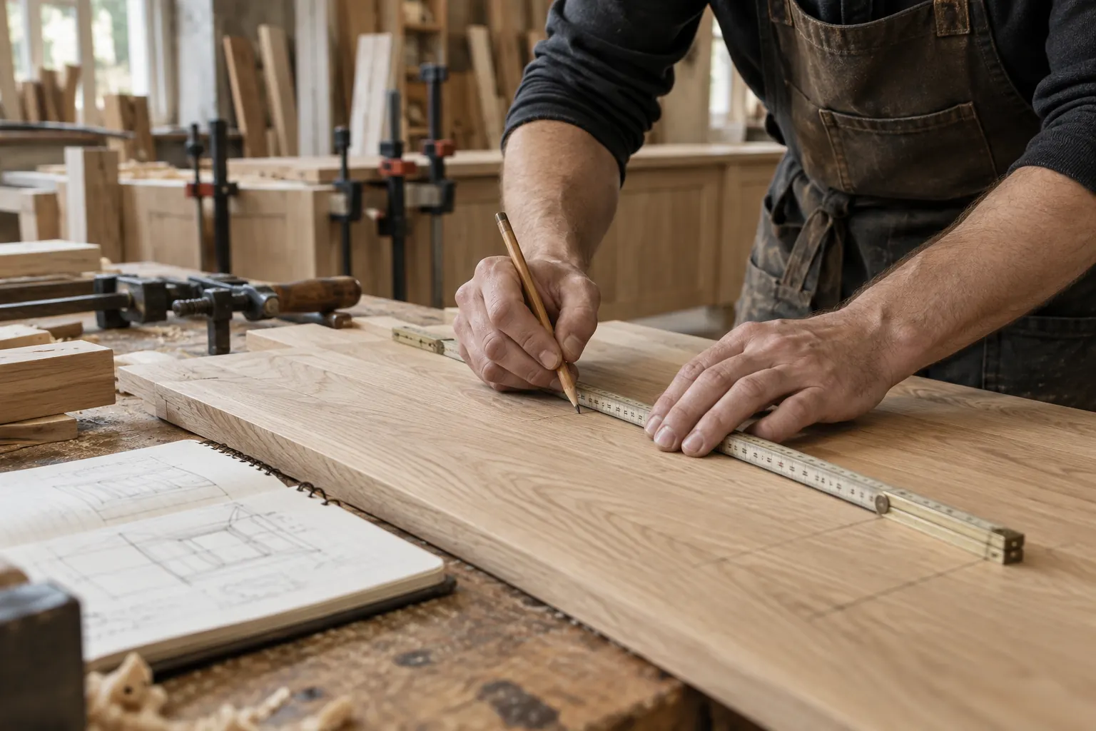 Visualisierte Werkstattszene mit Werkzeug und Holz